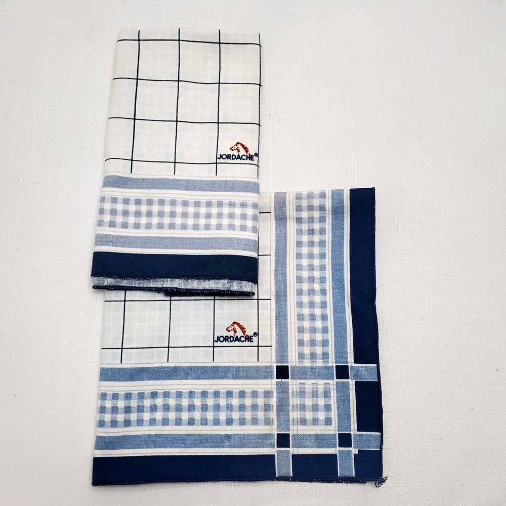 Vintage Set Of‎ 2 Jordache Handkerchiefs/Bandanas◇ Blue Plaid W/Logo